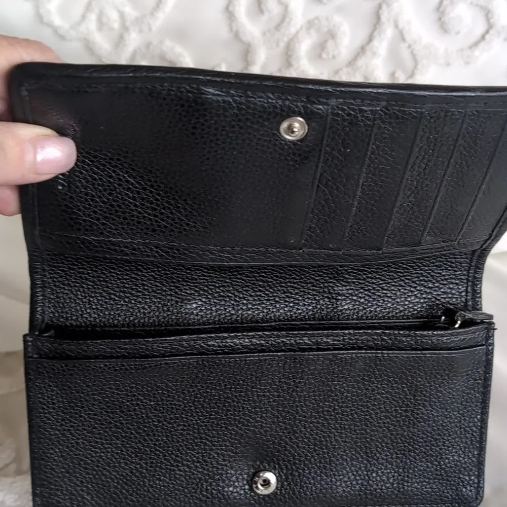 Brighton Talana Large Slim Wallet Woven Black Leather With Silver Medallion NWOT